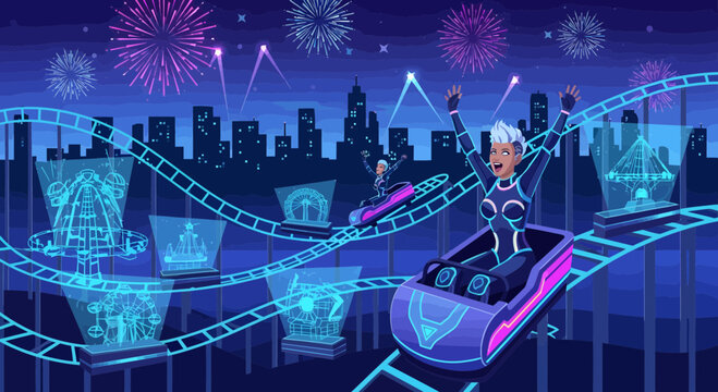 Woman rides futuristic roller coaster.