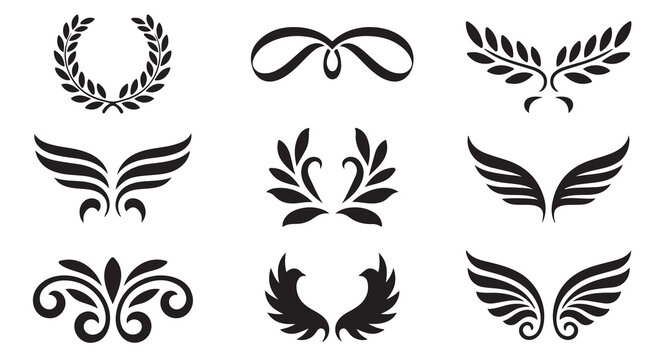 Set of decorative laurels and wings silhouettes for elegant branding and classic emblems.