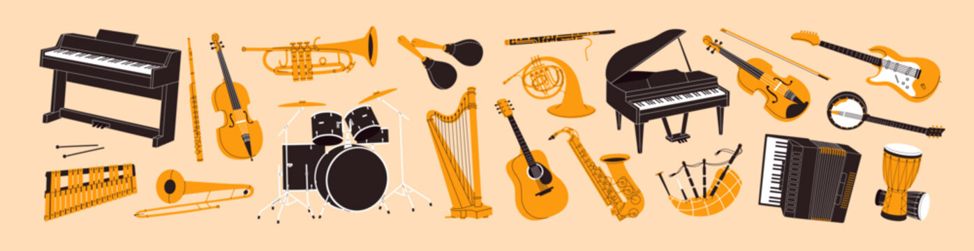 Set of musical instruments to play classical music, rock and jazz. Different drums, violin and cello, piano, saxophone, electric guitar, trumpets for orchestra. Flat isolated vector illustrations