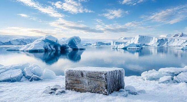 3d wood display stand with ice stay in snow ground and floating icebergs, frozen sea blue sky