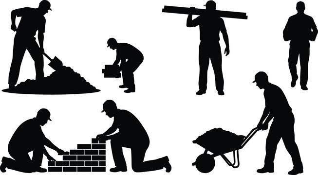 Construction worker silhouettes set featuring bricklayers, laborer with wheelbarrow, worker shoveling sand, builder carrying planks, and masonry wall icons, vector
