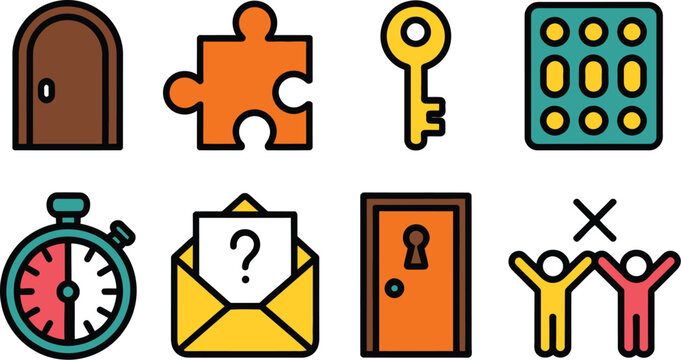Escape Room Icons Collection with Locked Door, Secret Code, Key Access and Puzzle Solver Elements Illustration