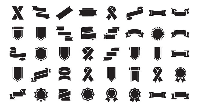 Various black vector icons of ribbons, badges, and awards for graphic design.