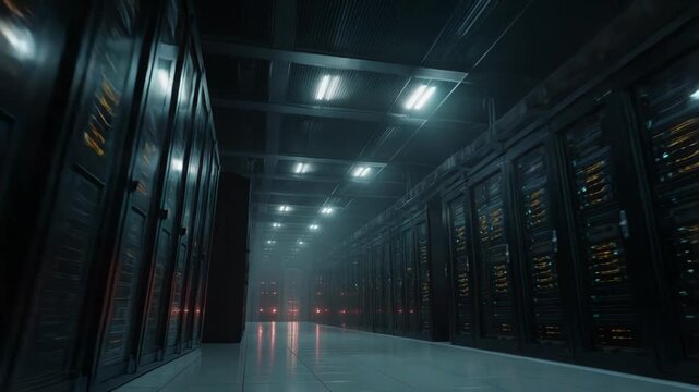 Data center corridor providing a view between two rows of modern server racks and networking equipment processing information for cloud computing, artificial intelligence, and big data storage
