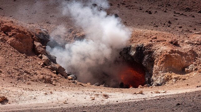 igneous. Volcanic crater emitting white smoke with glowing red magma deep within. travel magazines, destination branding, designed for travel destination branding, used by devops engineers.