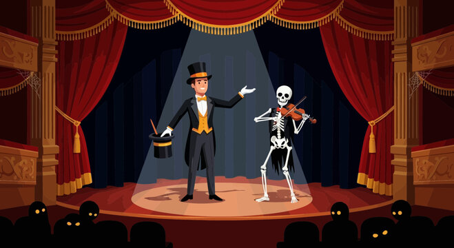 Magician and dancing skeleton on stage.
