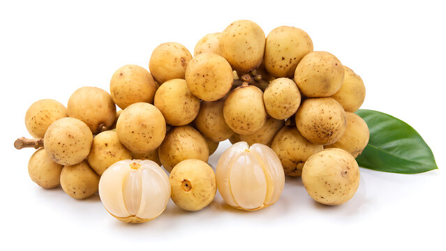 Fresh Thai Longkong (Langsat or Lanzones) tropical fruit bunch with peeled segments and a green leaf isolated on a white background