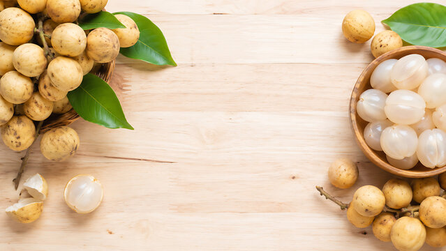 Fresh Thai Longkong and Langsat Exotic Tropical Fruit with Peeled Segments in a Wooden Bowl, Top View Flat Lay with Copy Space