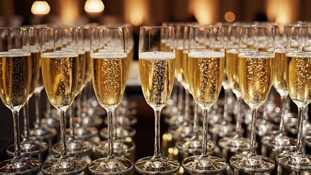 Sparkling champagne flutes in rows at a formal celebration event