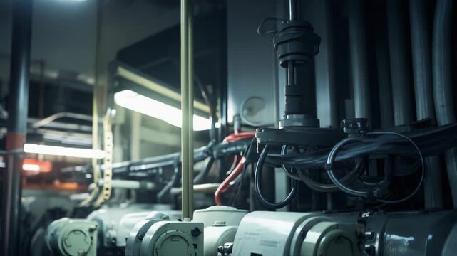 Complex industrial machinery operating in an engine room, featuring various valves, pipes, controls, and cables demonstrating engineering and power generation