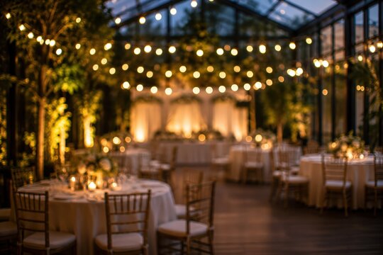 Wedding reception ballroom event venue luxury dinner glasshouse bokeh string lights party banquet celebration elegant evening gala wedding decor