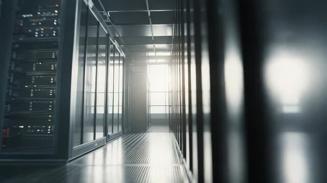 Modern datacenter infrastructure featuring rows of server racks, network equipment, and glowing lights, representing cloud hosting, it services, and crucial data storage technology