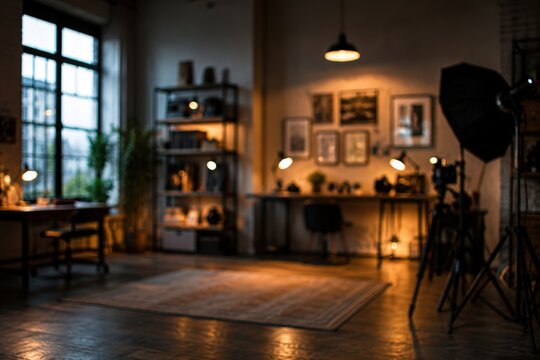 Blurred photography studio interior creative workspace home office background equipment lighting tripod softbox desk shelf mood lighting setup