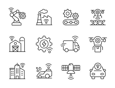 Industrial IoT icon set. Collection of smart factory, automated logistics, robotics, agriculture 4.0 and industrial automation line icon vector illustration with editable stroke.