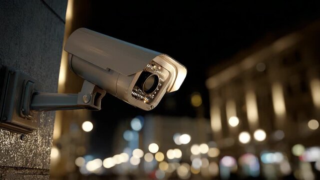 CCTV camera monitoring city street at night