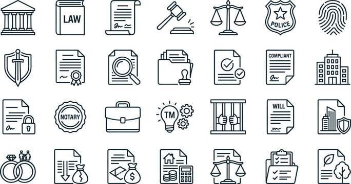 Law and Legal Services Line Icons Set with Justice Court Documents and Compliance Symbols Collection