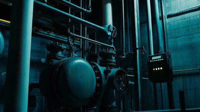 Industrial pipes, valves, and complex machinery creating a robust and functional system within a dark blue toned facility, highlighting engineering and technology infrastructure