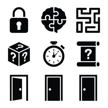 Escape Room Icons Solid Filled Icon Set Including Brain Puzzle, Security Lock, Labyrinth Maze and Mystery Game Symbols