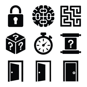 Escape Room Icons Solid Filled Icon Set Featuring Puzzle Games, Lock Symbols, Brain Teaser and Maze Graphics