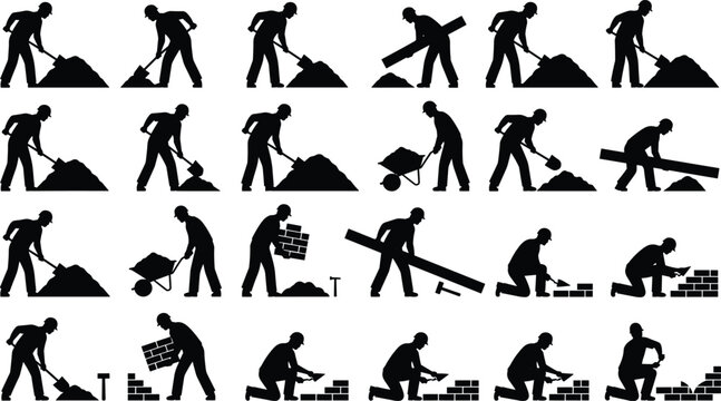 Construction worker silhouettes set with masonry bricklayers, laborers shoveling sand, pushing wheelbarrows, builders carrying wooden planks, and manual handyman icons, vector