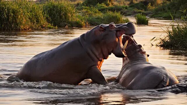 Hippopotamus amphibius aggressively opening its massive jaws to bite another hippo during a territorial fight in an African river at sunset