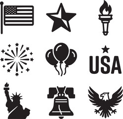 Fototapeta premium American Patriotic Icon Set: USA Flag, Star, Torch, Balloons and Liberty Bell