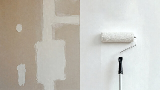 Paint roller applying white paint on wall with drywall patch and putty. Home renovation, interior remodeling and house painting service concept. Construction finishing and DIY wall repair.