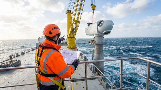 Over the shoulder view of an offshore installation supervisor holding laminated rigging diagrams while watching a crane lower a nacelle onto 3