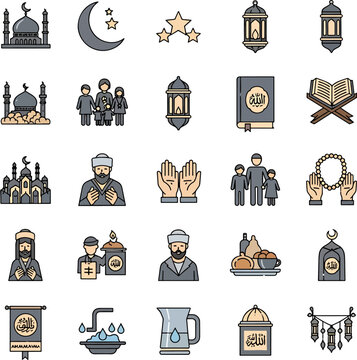 Collection of Islamic icons and symbols representing mosques, family, prayer, Quran, and traditional Islamic elements