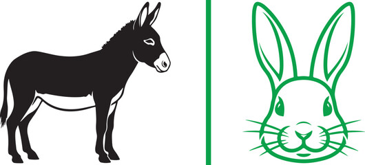 Donkey silhouette and green rabbit head vector icons. Representing farm animals, wildlife symbols, and nature-themed graphic design elements © RezaVya 01