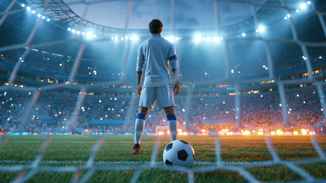 Midfielder stands ready in arena during finals with bright lights and cheering crowd creating intense atmosphere