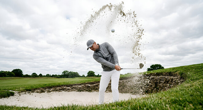 Professional golfer executing a dramatic bunker shot on a golf course as sand explodes into the air under a cloudy sky. Dynamic action sports image capturing precision, strength, and focus during a ch