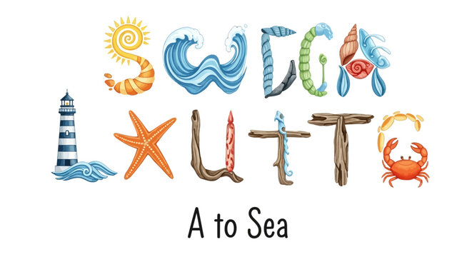 A to Sea: The illustrated scene transports us to the seaside with letters spelling out a word, evoking the magic of the ocean.