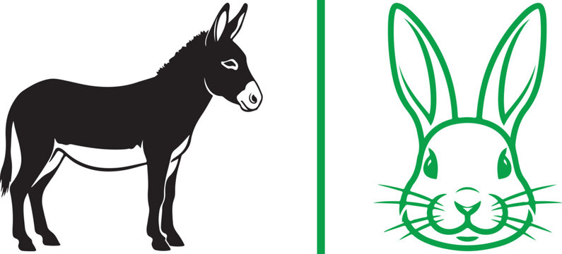 Donkey silhouette and green rabbit head vector icons. Representing farm animals, wildlife symbols, and nature-themed graphic design elements