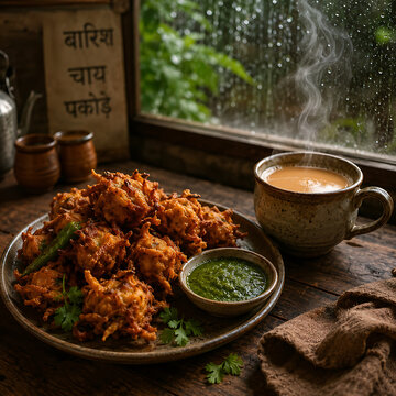 hot crispy pakoras with green chutney and masala chai 