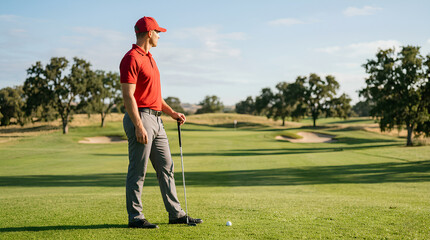 Obraz premium Male golfer in red polo standing with club on a sunny golf course, focusing on the next shot near the green.