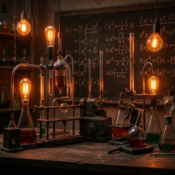 Moody experimental laboratory interior, vintage chemistry setup with glass apparatus and scientific instruments, glowing filament bulbs, dark chalkboard background filled with formulas, warm orange hi