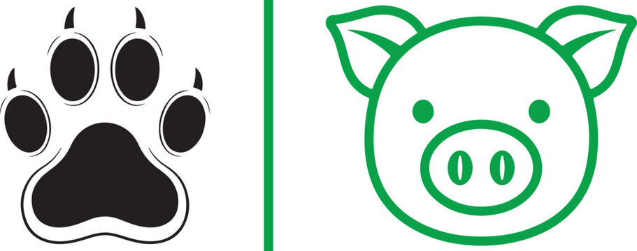 Vector icons of a predator paw print and a green pig head with leaf ears. Representing the transition to plant-based diets and sustainable food choices