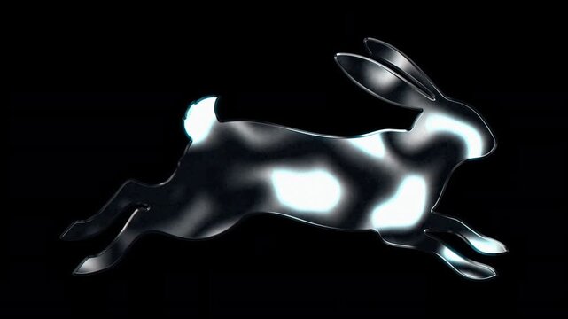 Silver metallic running rabbit silhouette. Alpha channel. Seamless loop video
