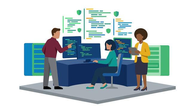Diverse developers in a futuristic remote workspace coding with floating data, flat vector style.