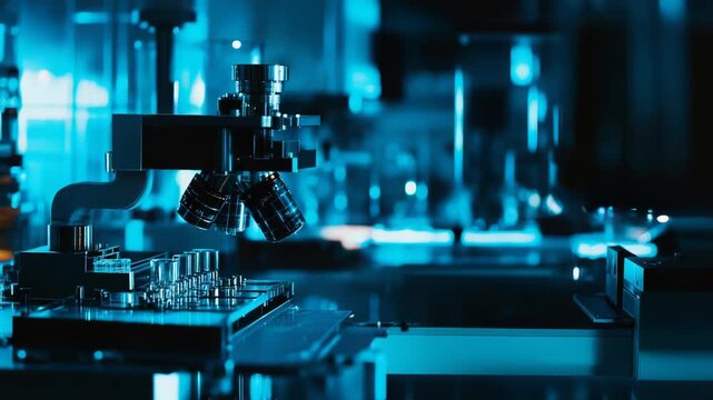 Automated optical microscope examining multiple liquid samples in a laboratory setting, representing advanced scientific research, development, and medical technology in a futuristic environment