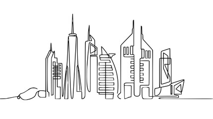 Obraz premium Continuous line drawing of modern city skyline with diverse skyscrapers