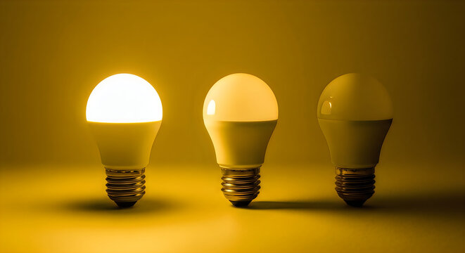 Three led bulbs with varying color temperatures on yellow background