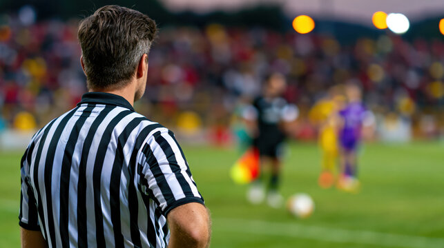 Soccer midfielder in arena during finals with referee in striped shirt watching game closely on green field