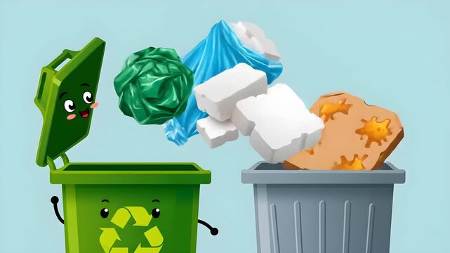 3D educational animation demonstrating correct waste sorting by putting non-recyclables like dirty pizza boxes styrofoam and plastic bags into the trash instead of the recycling bin
