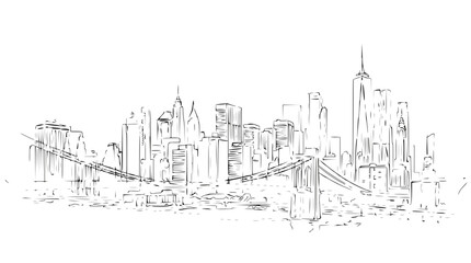 New York City Skyline Sketch with Brooklyn Bridge