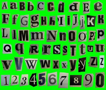 Collage ransom full alphabet of uppercase and lowercase letters, digit numbers cut out from newspapers on a green background, black and white brown retro vintage style. Newspaper letters for blackmail
