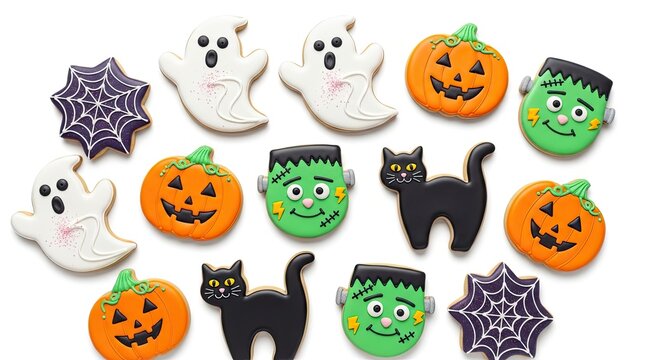 A collection of Halloween-themed sugar cookies are arranged on a white surface.