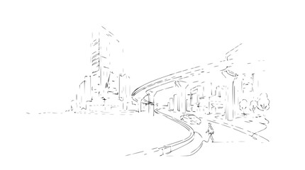 Fototapeta premium Urban sketch of modern city skyline with elevated highway and pedestrian walkway