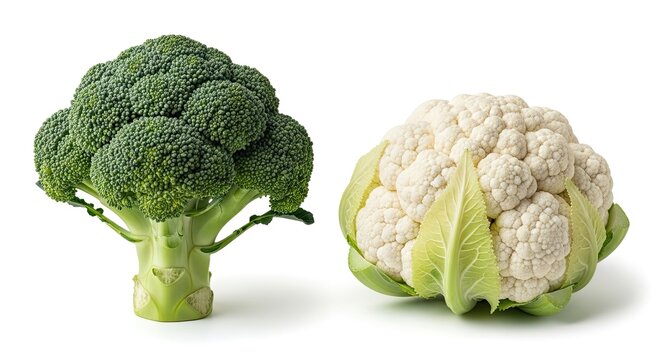 Two heads of broccoli and cauliflower sit side-by-side on a white surface. The broccoli head is green and dense, while the cauliflower head is white and has a flatter, more rounded shape.